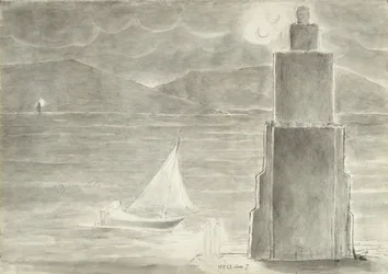 Dante and Virgil on the Edge of the Stygian Pool, illustration till den gudomliga komedin av Dante Alighieri, 1824-27 (penna och bläck med wc, tvätt och krita på papper)